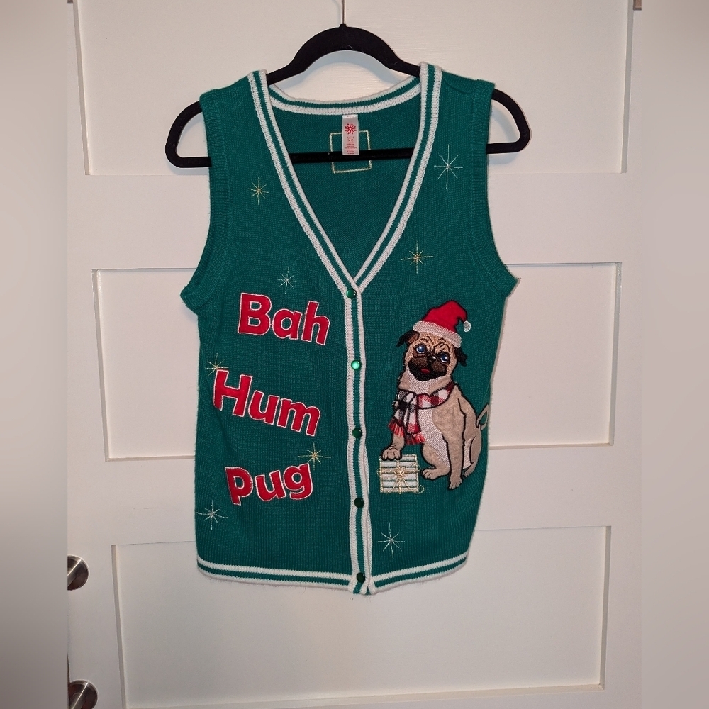 Pug Themed Ugly Christmas Sweater Vest size small. Bah Hum Pug sweater.